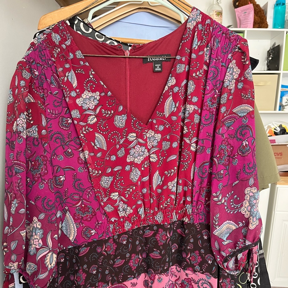 Long pink paisley dress Roz and Ali